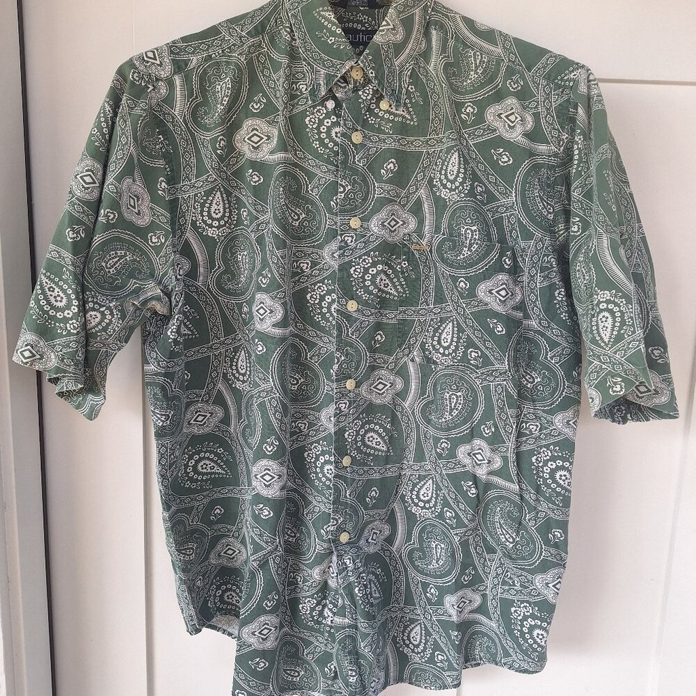 Vintage Nautica Men L Green Cotton  Short Sleeve Button Up Paisley Print Shirt
